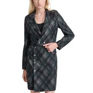 DKNY Plaid-Print Notch-Collar Blazer Dress 8 Petite New Long Sl. Academia Preppy